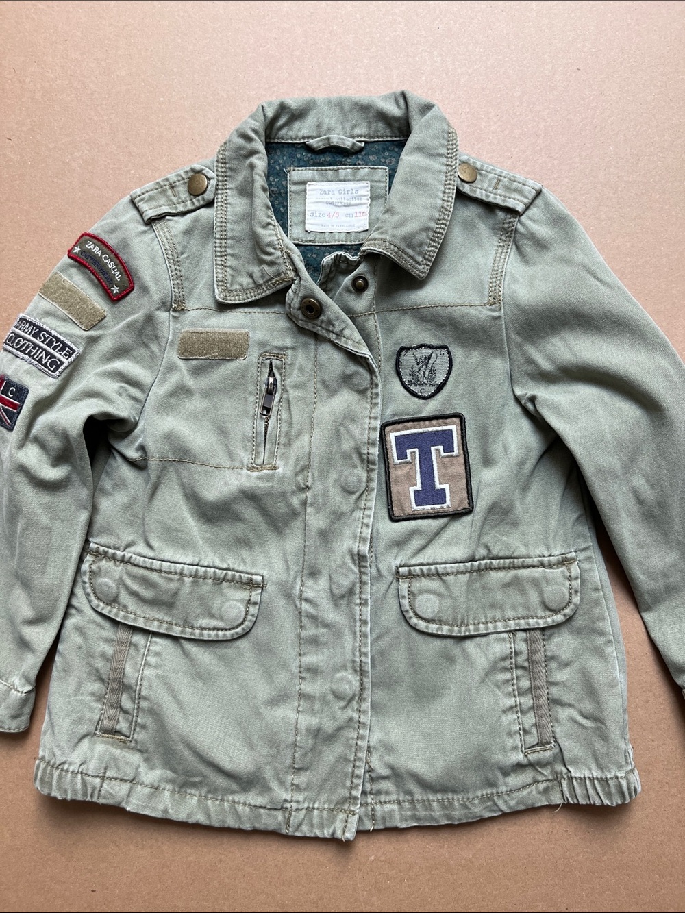 ZARA Kids Boys Khaki Green Military Utility Jacket Patches Size 4/5 110cm